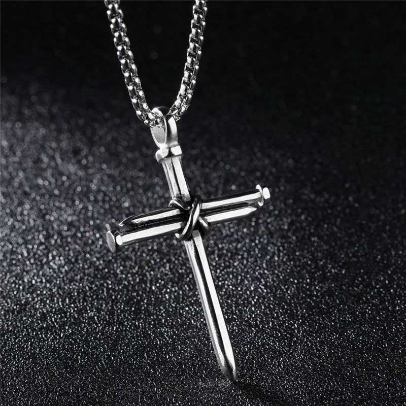 MUERDOU Cross Necklace for Men Cross Pendant STRENGTH Bible Verse Stainless Steel Necklace Silver Nail - Image 5
